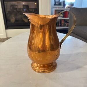 Vintage Copper Pitcher Vase Brass Handle Farmhouse Kitchen Decor French Country